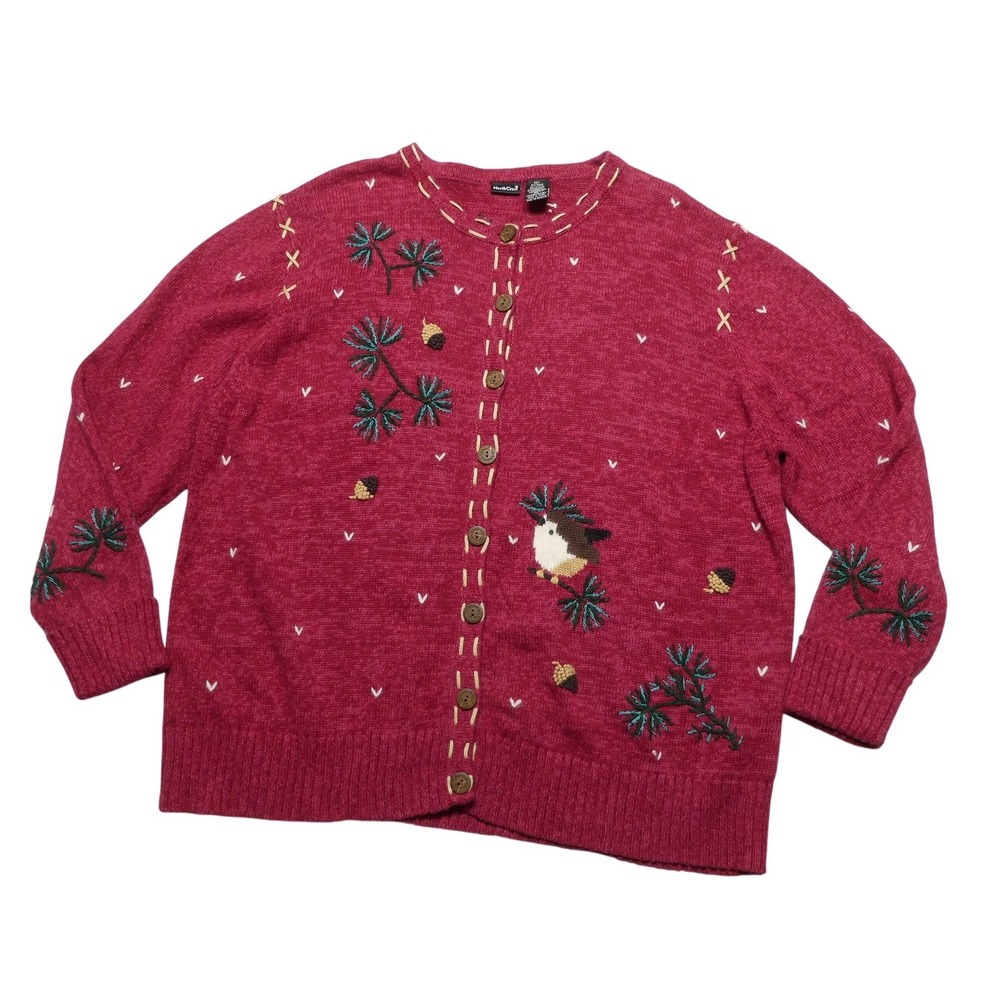 Northcrest Sweater Cardigan Womens 3X Red Bird Pinecone Embroidered Button